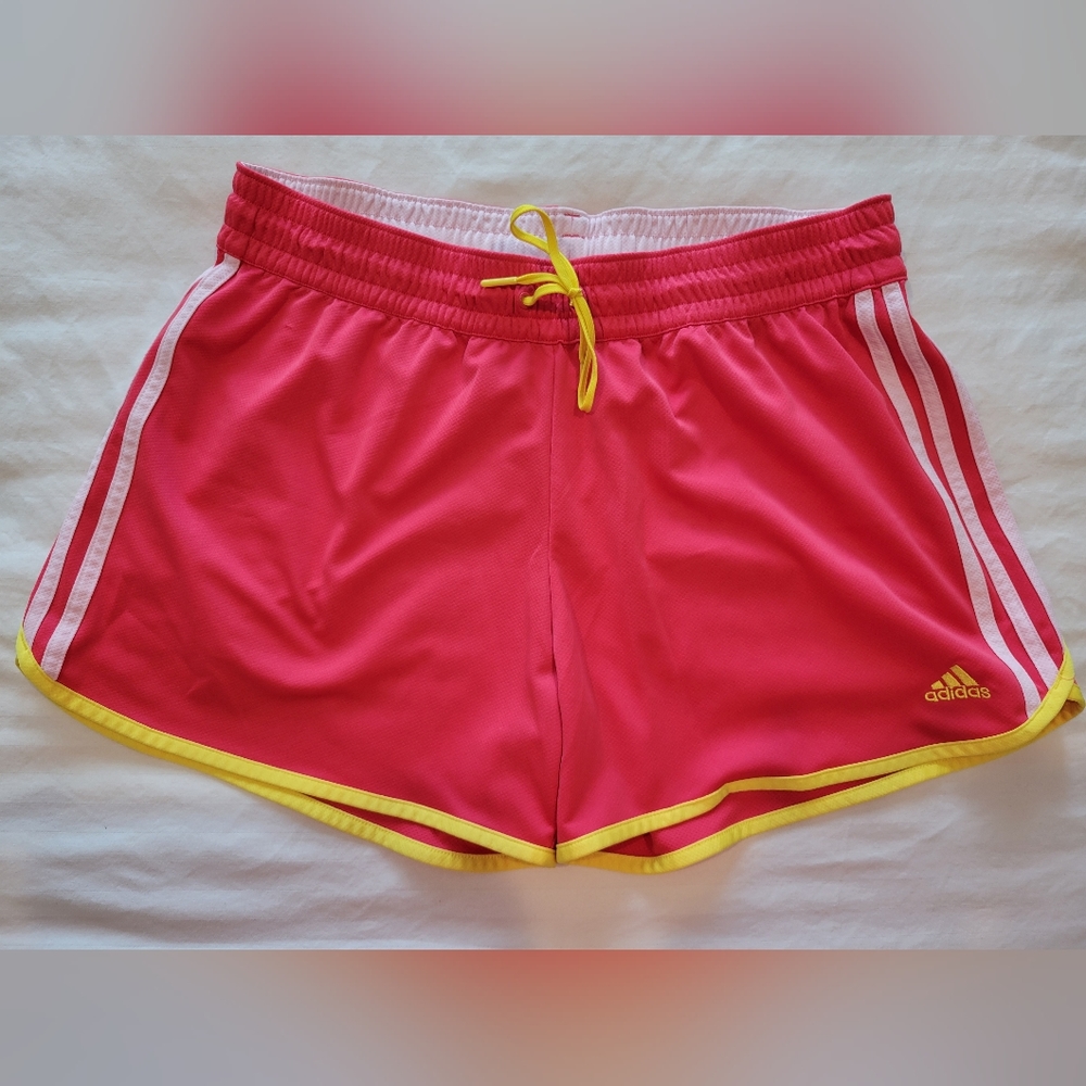 Adidas Shorts, Pink with Yellow Trim and White Stripes, Size Large